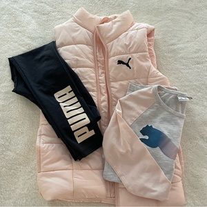 Girls Puma Puffer Vest, Shirt, and Leggings Set - Size Small (7-8).